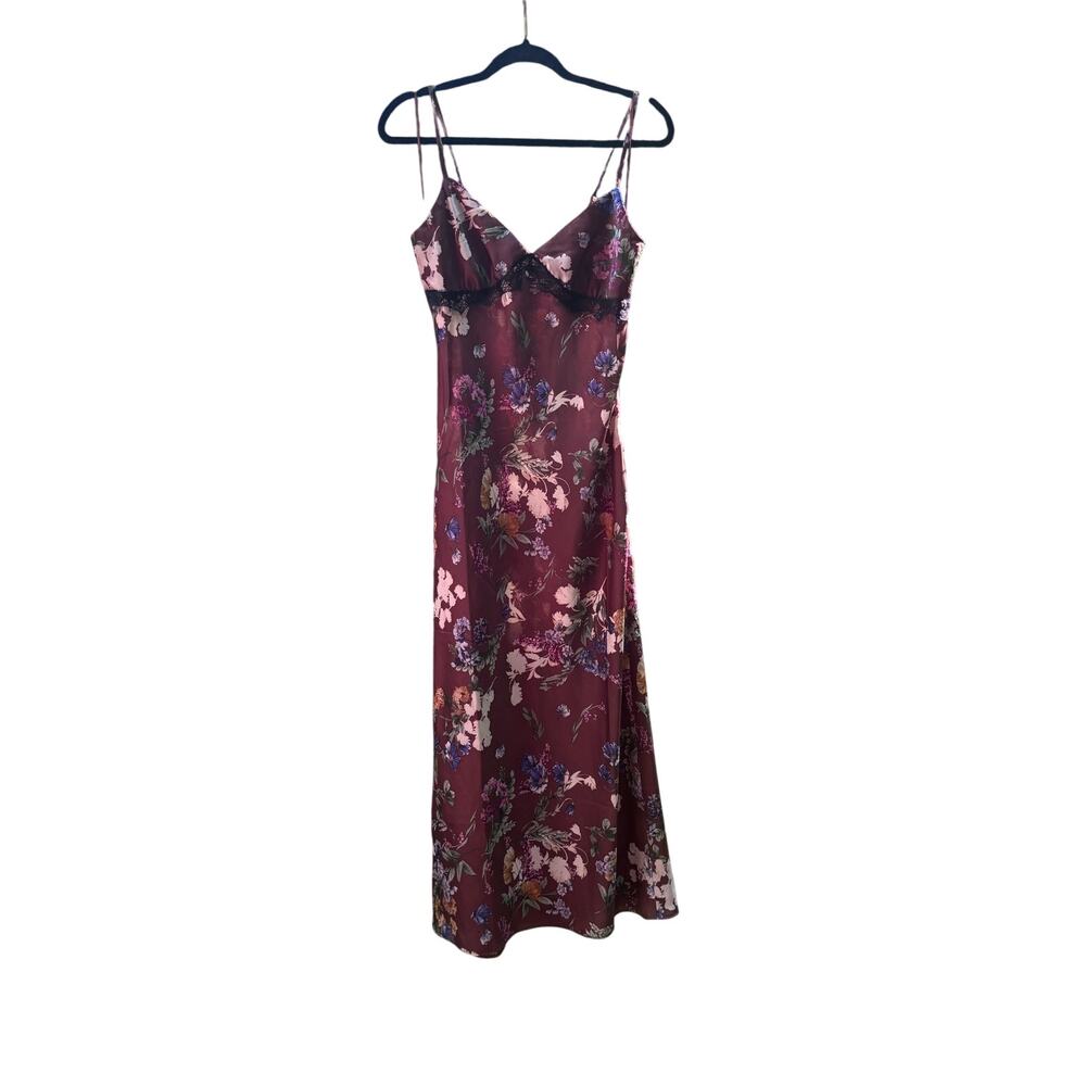 Good Luck Gem Silk Look Slip Maxi Dress M Brown Lace Floral Y2K Fairy Cottage